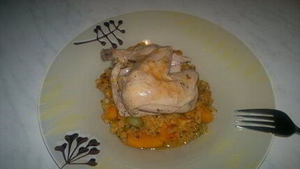 Красная чечевица с тыквой и оливками и отварной кролик