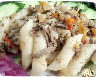 Макароны по-флотски с печенью