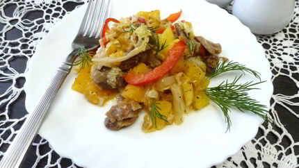 Овощное рагу с куриными желудками