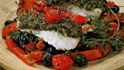 Треска с чермулой и овощами