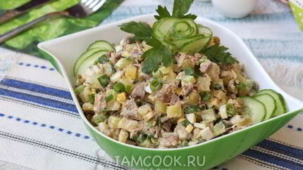 Салат Оливье с говядиной и свежими огурцами
