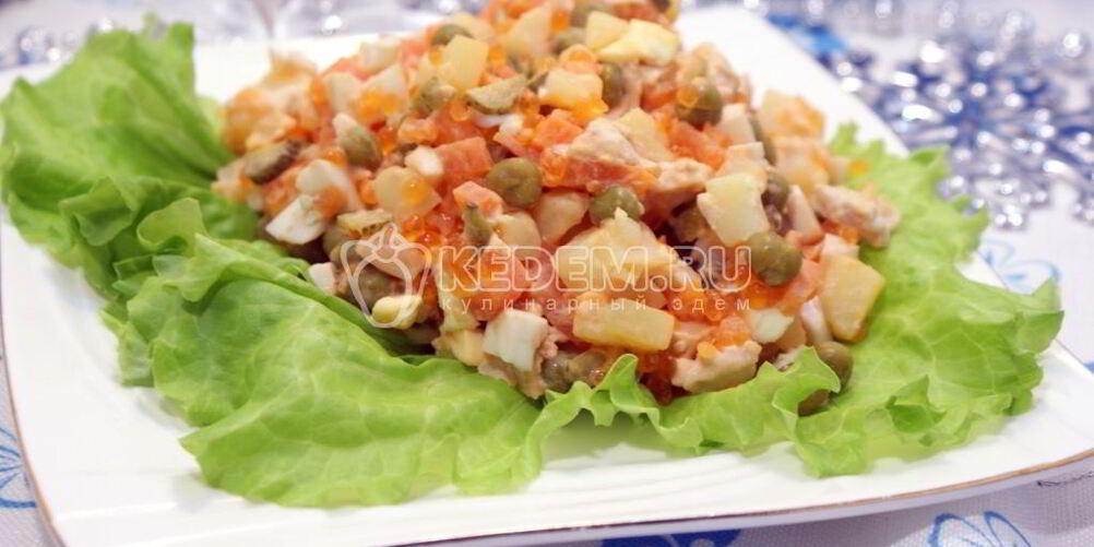 Рецепт салата оливье с курицей и икорной закуской