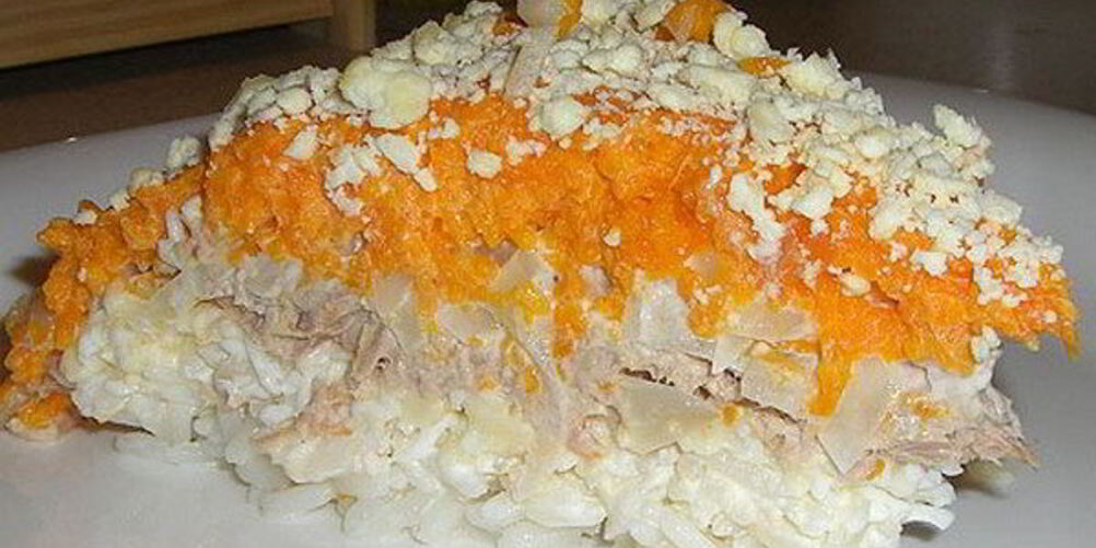 Рецепт слоеного салата мимоза с рыбой и рисом