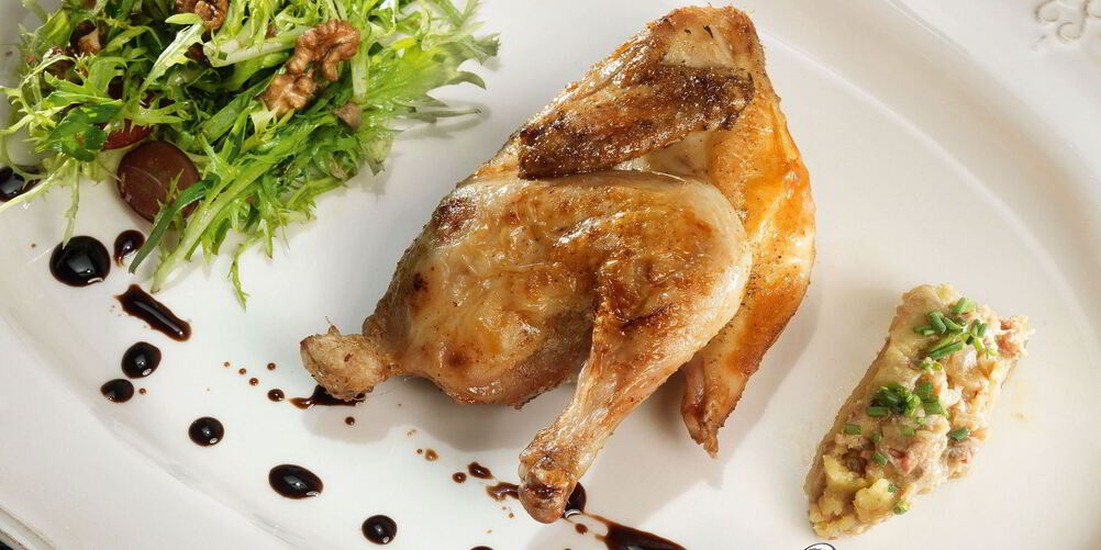 Рецепт цыплят с винегретом из утиной печени и салатом