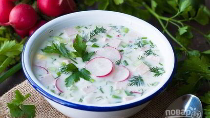 Окрошка классическая с колбасой на кефире