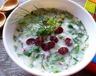 Окрошка на айране с охотничьими колбасками