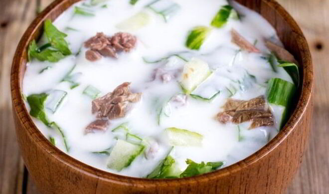 Окрошка с говядиной и редькой