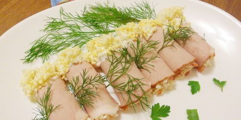 Рецепт рулетиков из ветчины с крабовым мясом